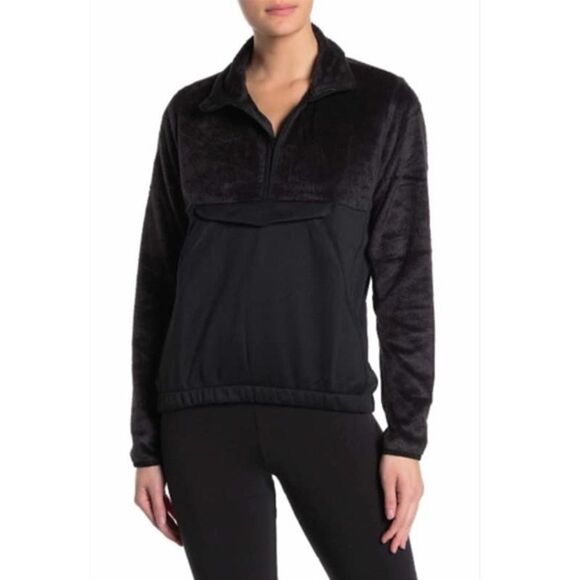 Adidas Fleece Pullover Womens Medium Faux Fur Half Zip Kangaroo Pocket NEW Black - Picture 2 of 9